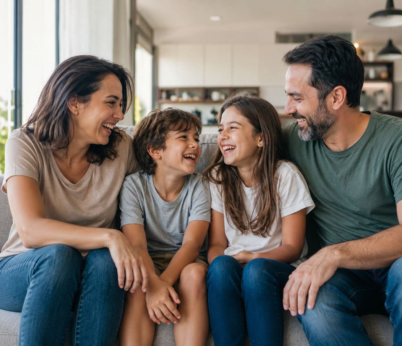 Família brasileira sorrindo em casa, representando beneficiários de planos de saúde por adesão e pessoa física